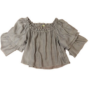 Gianni Bini Womens Peasant Blouse Gray White Stripe 3/4 Ruffle Bell Sleeve LARGE